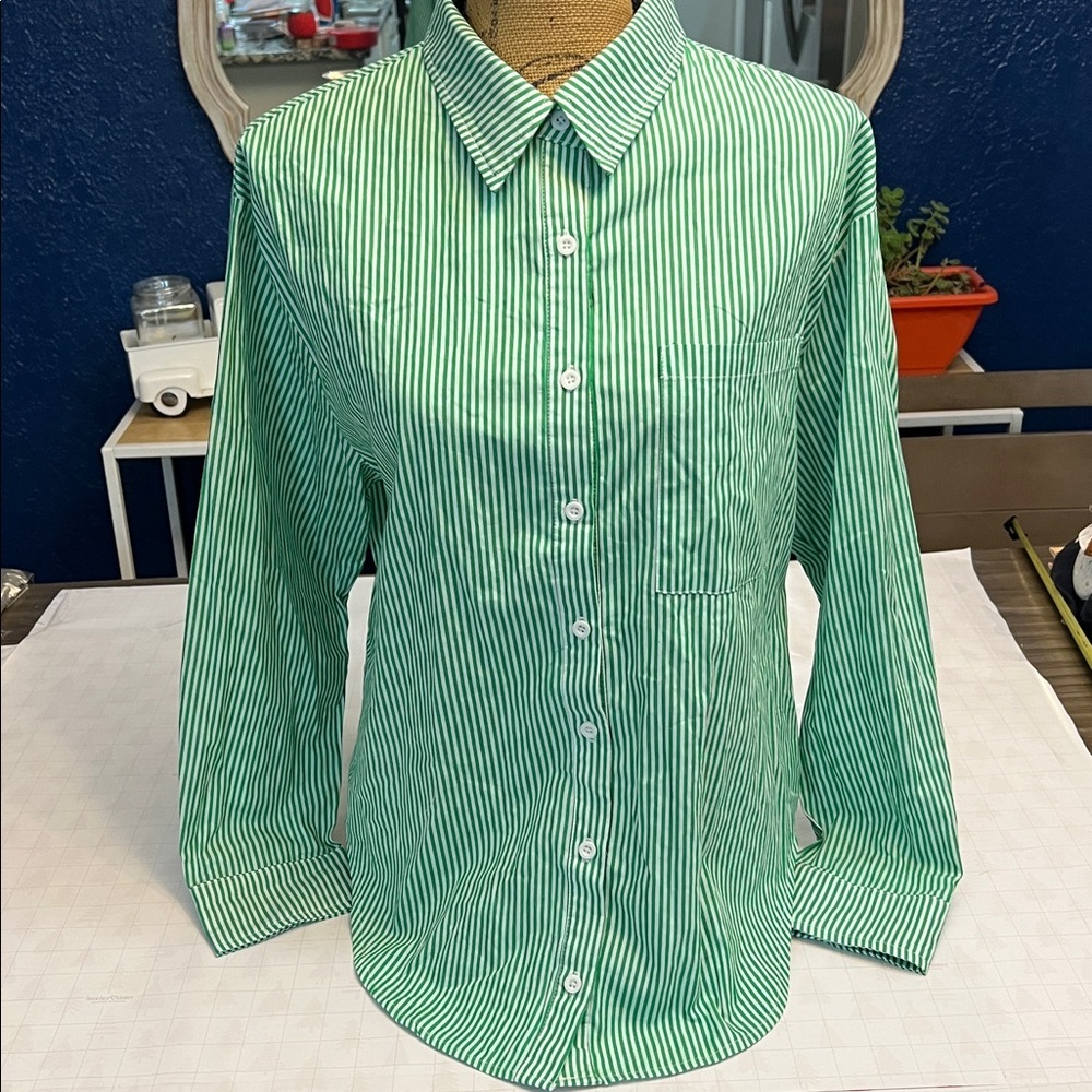 SOLAI THE LABEL GREEN & WHITE STRIPED COTTON CASUAL BUTTON DOWN SMALL